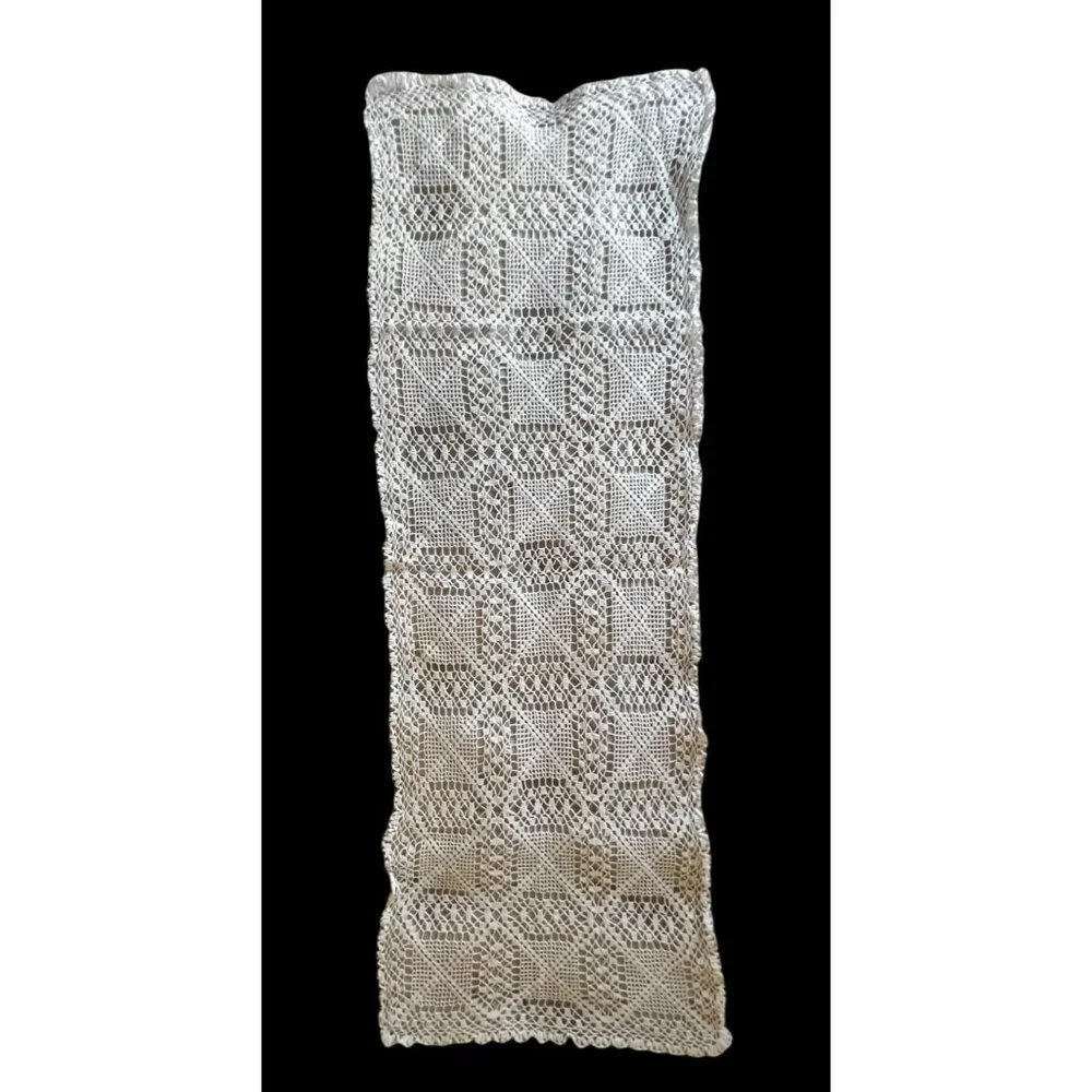 Hand-Crocheted White Lace Table Runner Dresser Scarf Shawl 51x17 Granny core VTG